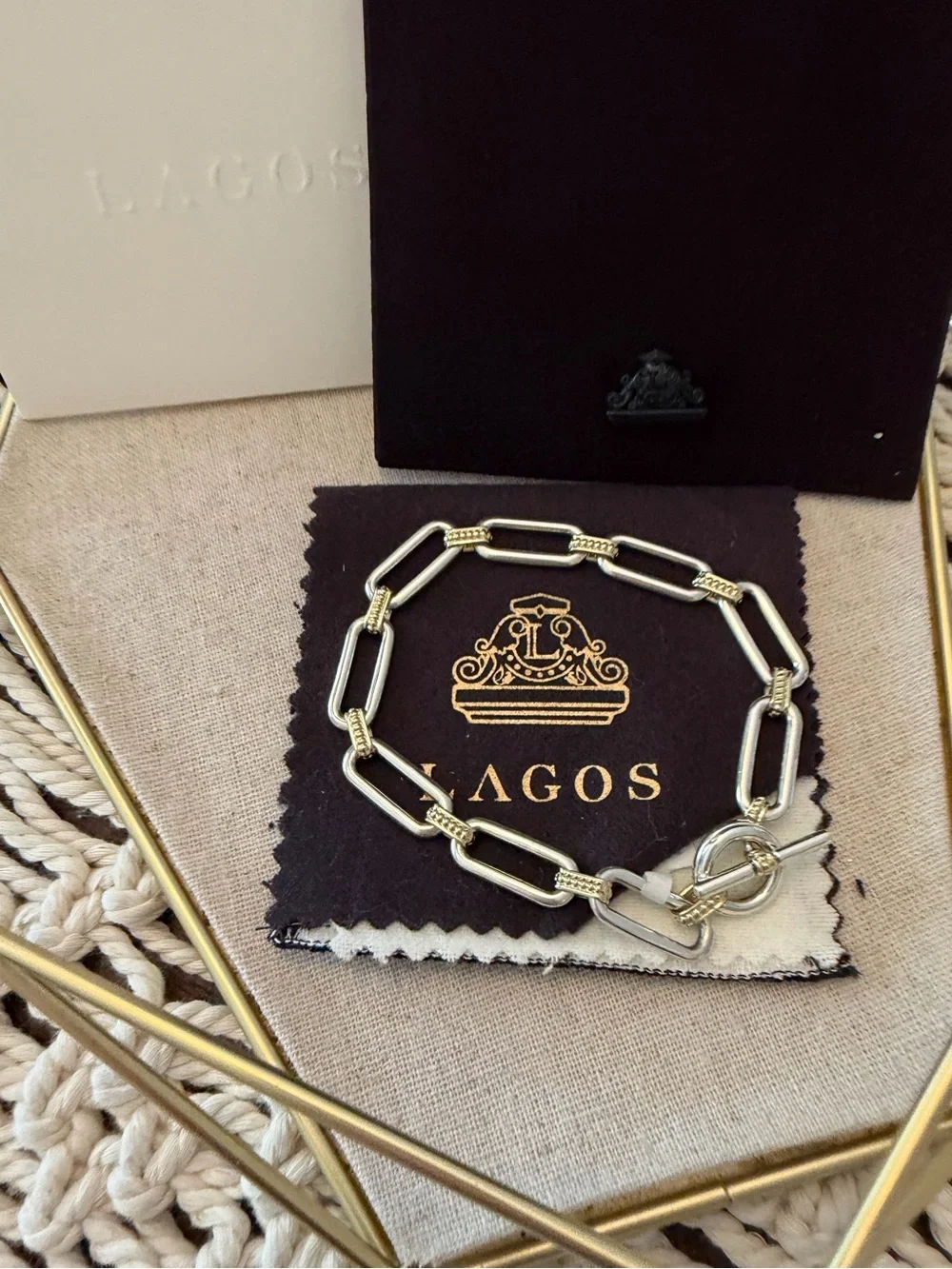 Lagos 18k Gold & Sterling Silver Signature Caviar Toggle Link Bracelet-Large-NWT